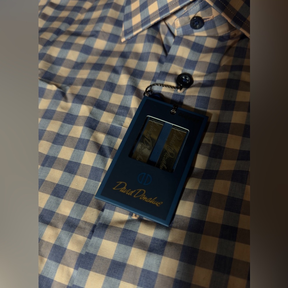 David Donahue Men's Blue and Cream Checkered Shirt long sleeve